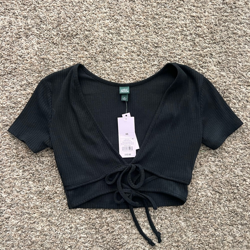 Black Tie Front Ribbed Top
